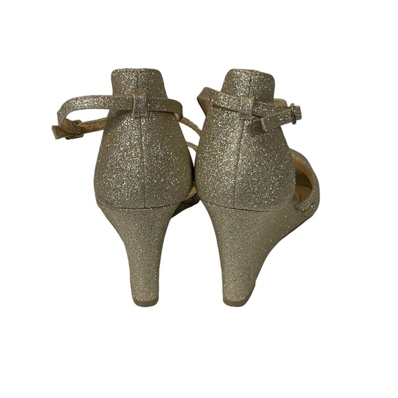 American Glamour Badgley Mischka Gold Glitter Dressy Strappy Wedge Sandals Sz 7 - Picture 8 of 14